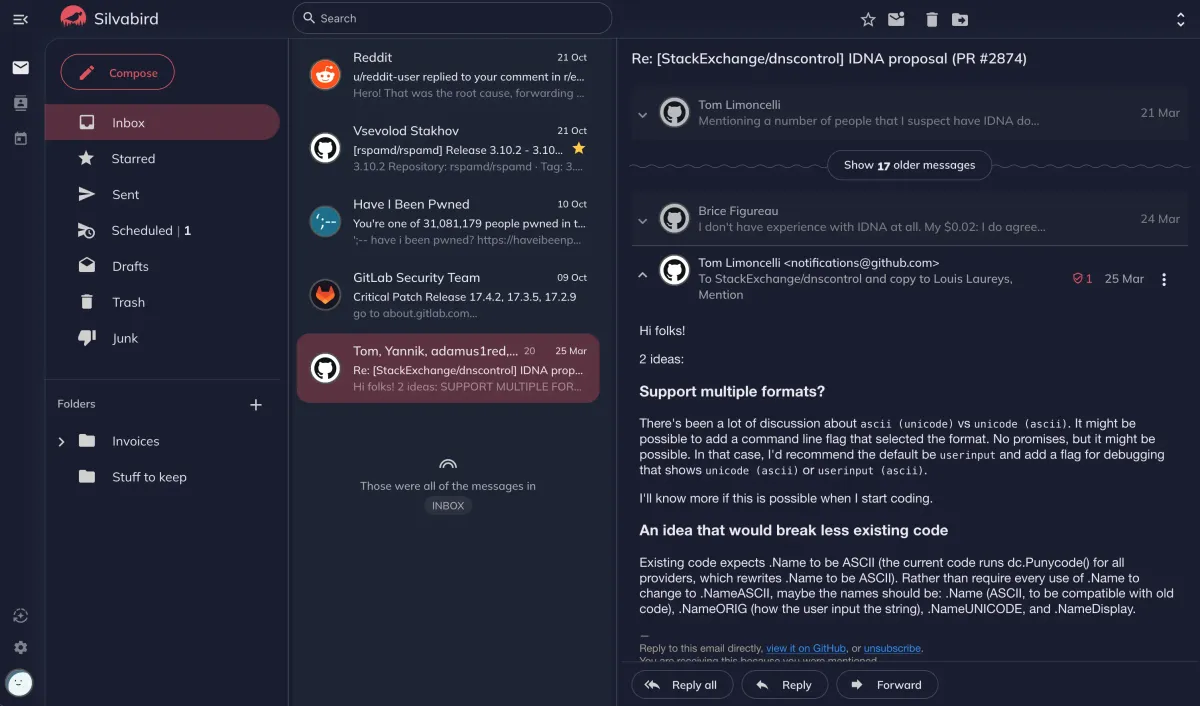 Silvabird webmail screenshot